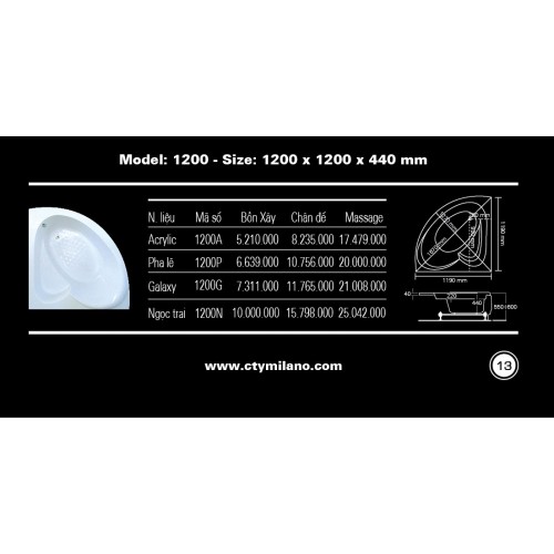 BỒN TẮM GÓC MILANO 1200